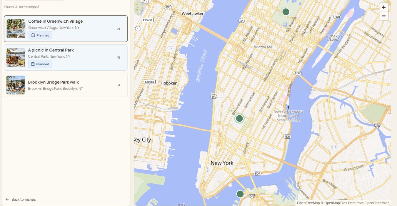VIOTray interface: See the places you want to visit on a map